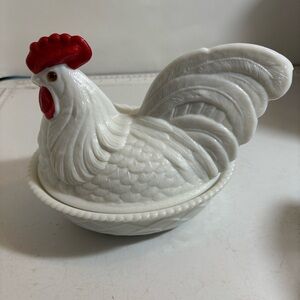 Vintage 1950’s Westmoreland milk glass chicken rooster container nest bowl